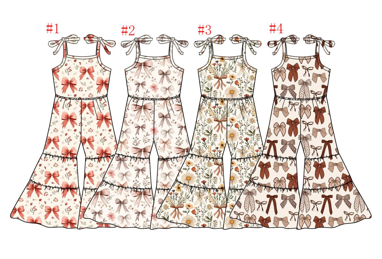2.22(Custom Design Preorder MOQ 5 Each Design) Flowers Bows Print Girls Summer Jumpsuits