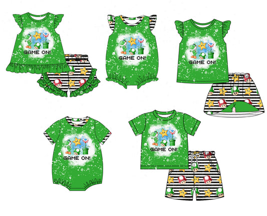 11.30(Custom Design Preorder MOQ 5 Each Design) Cartoon Games Mari* Green Print Girls Matching Clothes Sisters Wear
