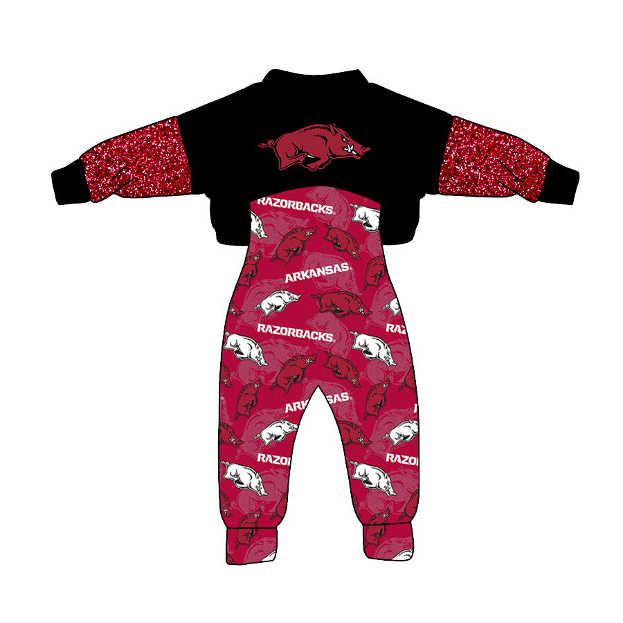 (Custom Design Preorder MOQ 5) Team's RAZORBACKS Print Jumpsuits Girls Fall Clothes Set