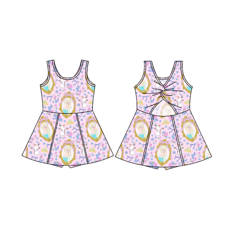(Custom Design Preorder MOQ 5) Cartoon Princess Purple Print Shorts Skirts Girls Summer Yoga Dress