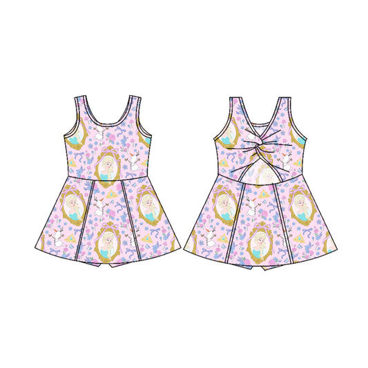 (Custom Design Preorder MOQ 5) Cartoon Princess Purple Print Shorts Skirts Girls Summer Yoga Dress