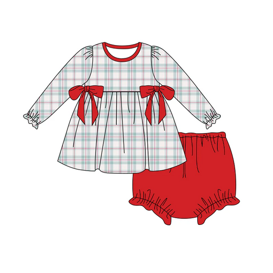 (Custom Design Preorder MOQ 5) Plaid Tunic Top Red Shorts Baby Girls Christmas Bummie Set
