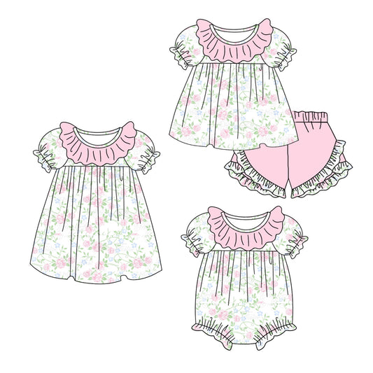 11.4(Custom Design Preorder MOQ 5 Each Design) Pink Flowers Print Girls Summer Matching Clothes Set Sisters Wear