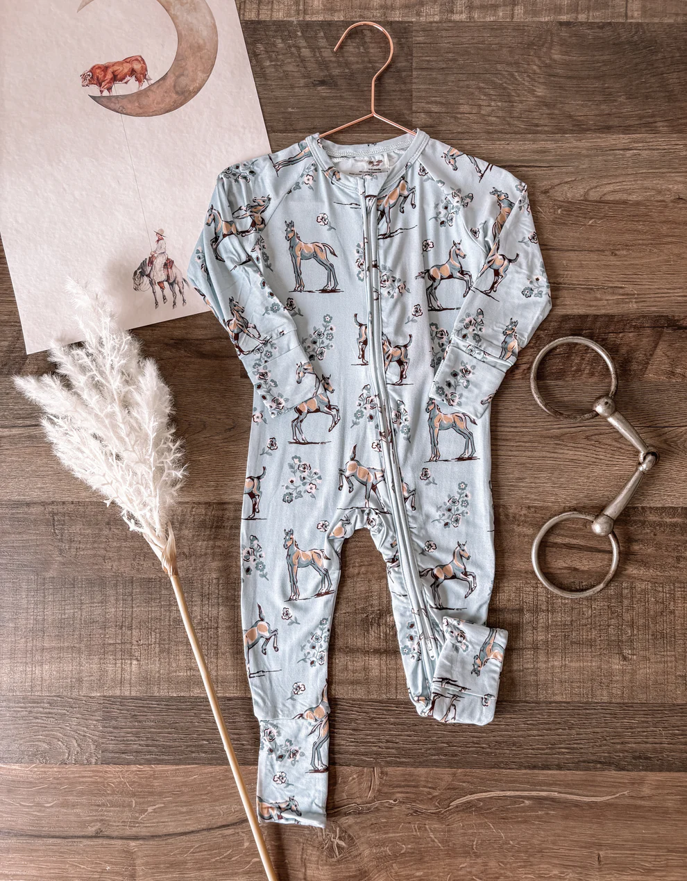 (Custom Design Preorder MOQ 5)  Horse Flowers Grey Print Baby Girls Bamboo Sleeper Zipper Romper