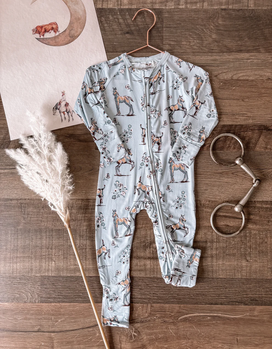 (Custom Design Preorder MOQ 5)  Horse Flowers Grey Print Baby Girls Bamboo Sleeper Zipper Romper