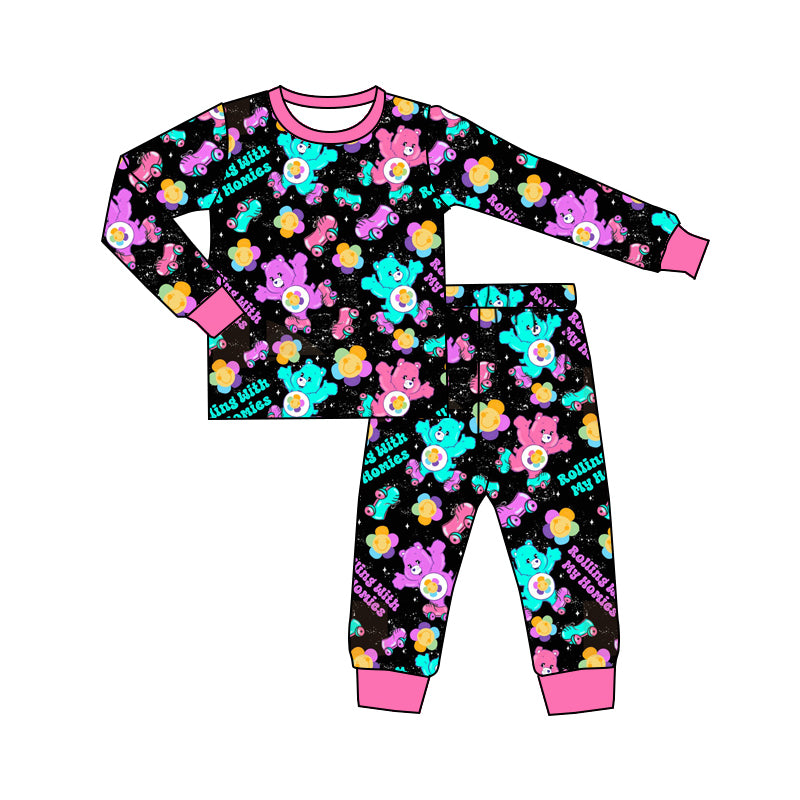 (Custom Design Preorder MOQ 5)  Cartoon Bear Rolling Print Girls Fall Pajamas Bamboo Clothes Set