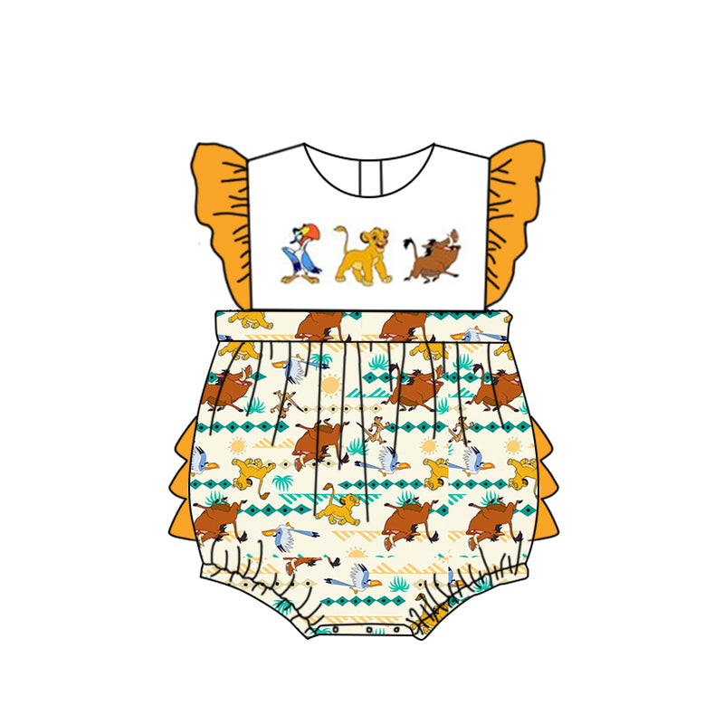 (Custom Design Preorder MOQ 5)Cartoon Lion Print Baby Girls Summer Romper