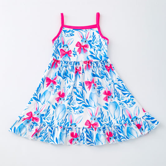 (Custom Design Preorder MOQ 5) Blue Bunny Bows Print Girls Summer Knee Length Dress
