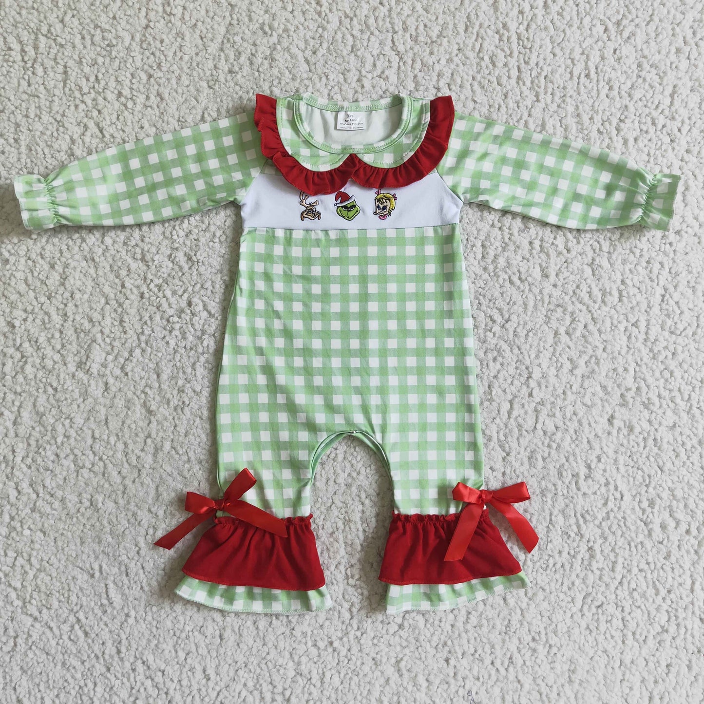 Green Frog Embroidery Plaid Print Sibling Christmas Matching Clothes