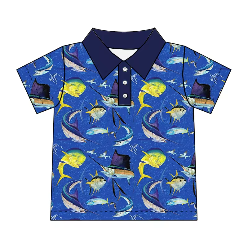 (Custom Design Preorder MOQ 5)  Fish Print Boys Summer Polo Tee Shirts Top