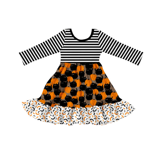 (Custom Design Preorder MOQ 5 ) Pumpkin Cat Print Girls Halloween Knee Length Dress