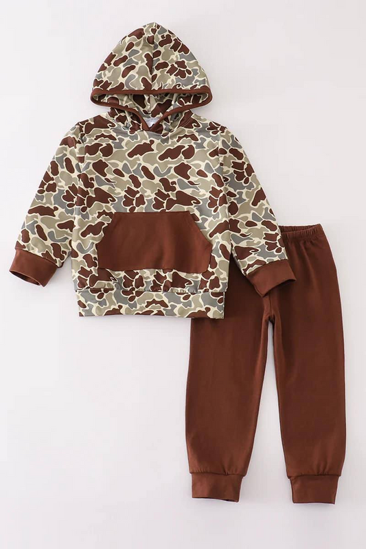 (Custom Design Preorder MOQ 5) Camo Hoodie Top Brown Pants Boys Clothes Set