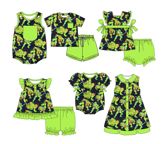 3.3(Custom Design Preorder MOQ 5 Each Design) Cartoon Turtles Green Print Kids Summer Matching Clothes Sibling Wear