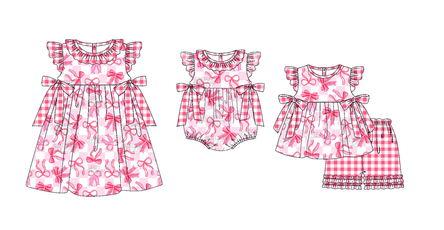 11.20(Custom Design Preorder MOQ 5 Each Design) Pink Bows Plaid Print Girls Summer Matching Clothes Sisters Wear