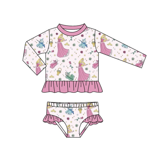 (Custom Design Preorder MOQ 5) Princess Rose Print Girls 2 Pieces Long Sleeve Swimsuits
