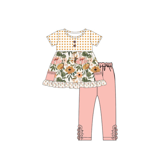 2.7(Custom Design Preorder MOQ 5) Flowers Pockets Tunic Top Pink Legging Pants Girls Clothes Set