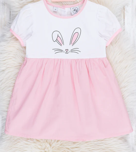 (Custom Design Preorder MOQ 5) Bunny Print Pink Girls Easter Knee Length Dress