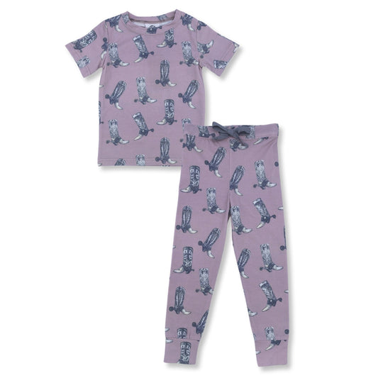 (Custom Design Preorder MOQ 5) Boots Purple Print Kids Western Pajamas Clothes Set