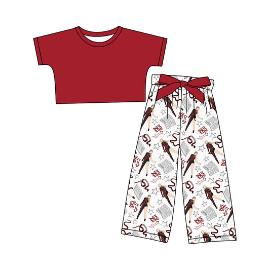 12.10(Custom Design Preorder MOQ 5) Red Top Singer Swiftie White Pants Girls Clothes Set