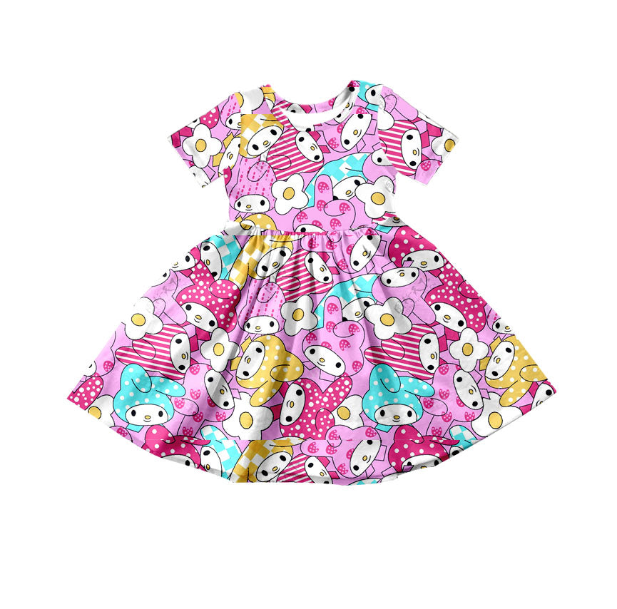 (Custom Design Preorder MOQ 5) Cartoon Animals Hotpink Print Girls Knee Length Dress