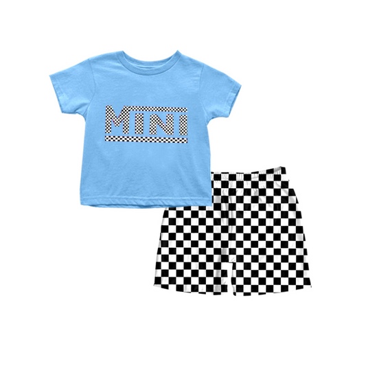 (Custom Design Preorder MOQ 5) MINI Blue Top Blakd Plaid Shorts Boys Summer Clothes Set