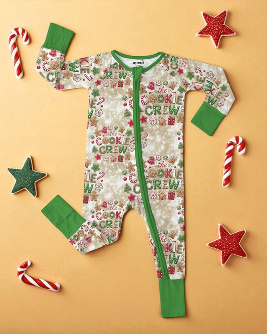 (Custom Design Preorder MOQ 20) Cookie Crew Gingerbread Print Baby Christmas Long Sleeve Bamboo Sleeper Zipper Romper