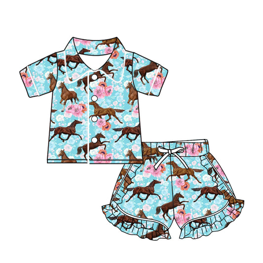 (Custom Design Preorder MOQ 5) Horse Flowers Blue Print Girls Summer Pajamas Clothes Set