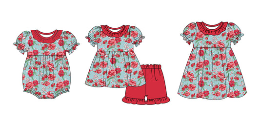 12.12(Custom Design Preorder MOQ 5 Each Design) Red Flowers Print Girls Summer Matching Clothes Sisters Wear