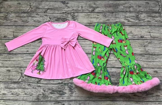 (Custom Design MOQ 5) Pink Tunic Top Green Forg Fur Bell Pants Girls Christmas Outfits