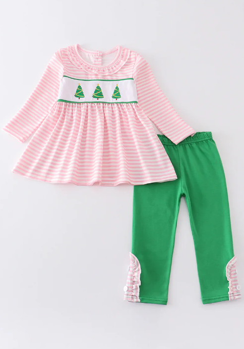 (Custom Design Preorder MOQ 5) Tree Pink Stripes Tunic Top Green Pants Girls Christmas Clothes Set