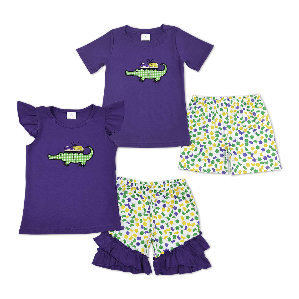 Crocodile Embroidery Purple Top Stars Shorts Sibling Mardi Gras Matching Clothes