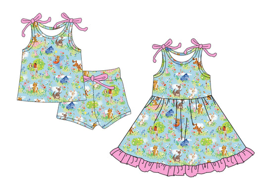 4.14(Custom Design Preorder MOQ 5 Each Design) Cartoon Bear Winni* Flowers Print Girls Summer Matching Clothes Sisters Wear