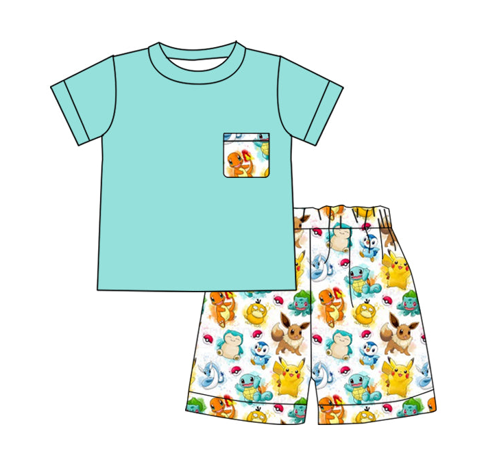 (Custom Design Preorder MOQ 5)  Cartoon Animals Print Boys Summer Clothes Set