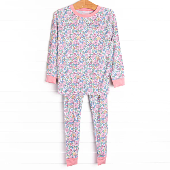 (Custom Design Preorder MOQ 5) Pink Flowers Print Girls Pajamas Clothes Set