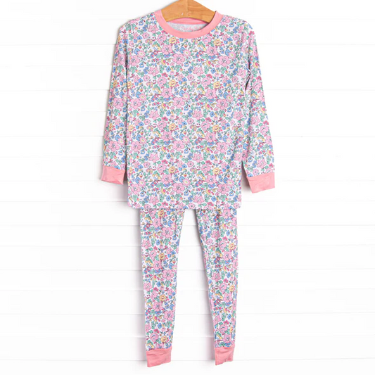 (Custom Design Preorder MOQ 5) Pink Flowers Print Girls Pajamas Clothes Set