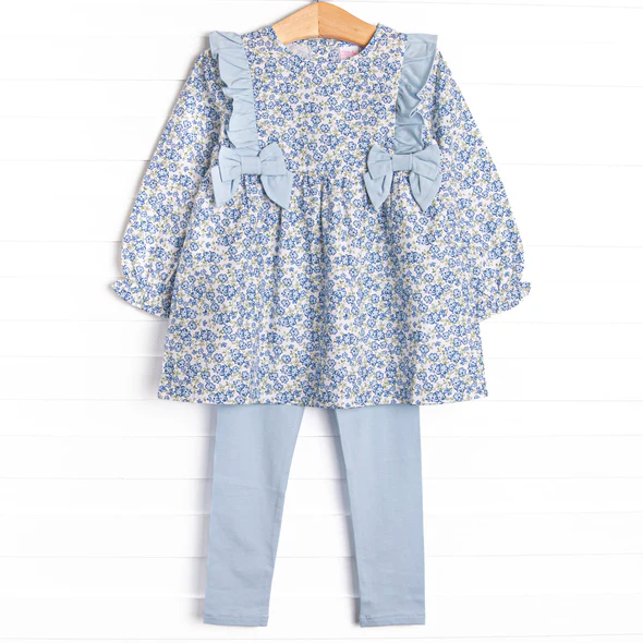 (Custom Design Preorder MOQ 5) Blue Flowers Tunic Top Legging Pants Girls Fall Clothes Set