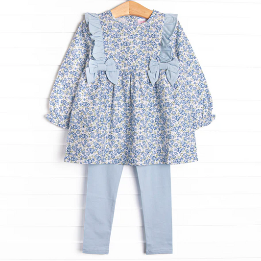 (Custom Design Preorder MOQ 5) Blue Flowers Tunic Top Legging Pants Girls Fall Clothes Set