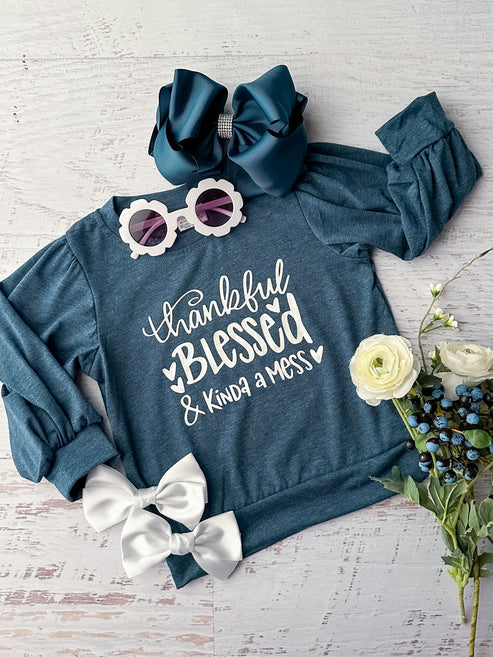 (Custom Design Preorder MOQ 5) Thankful Navy Print Kids Fall Tee Shirts Top