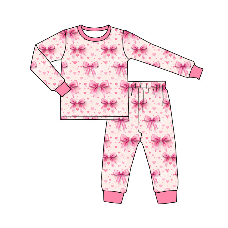 (Custom Design Preorder MOQ 5) Heart Bows Pink Print Girls Valentine's Day Clothes Set