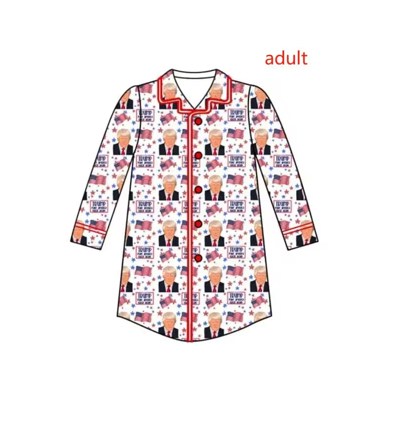 (Custom Design Preorder MOQ 5)  Adult TRUMP Flags Print Fall Buttons Pajamas Top Woman Nightgown