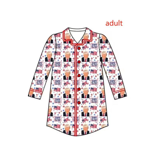 (Custom Design Preorder MOQ 5)  Adult TRUMP Flags Print Fall Buttons Pajamas Top Woman Nightgown