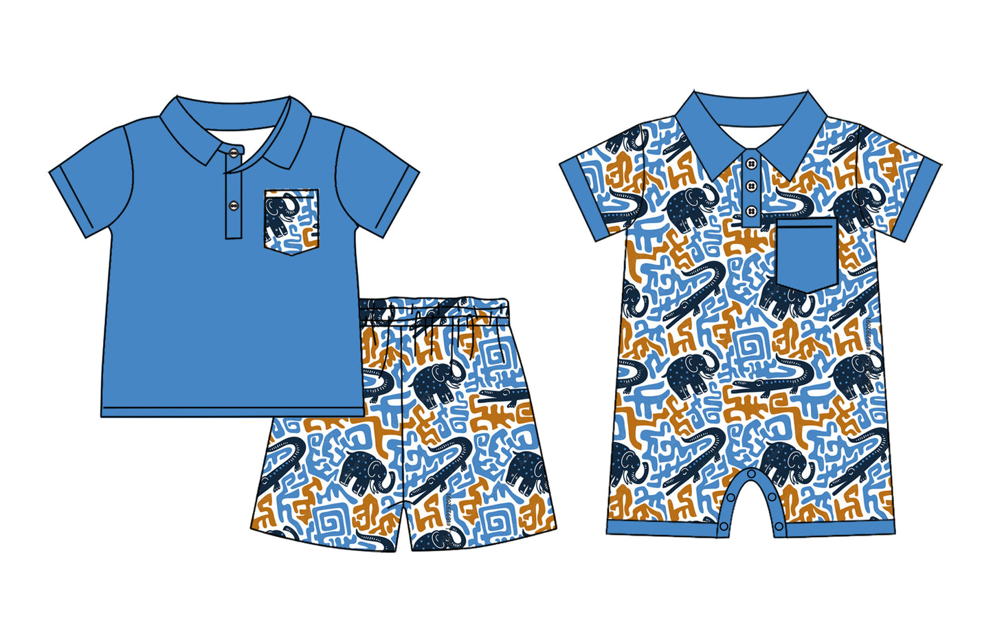 1.7(Custom Design Preorder MOQ 5 Each Design)  Elephant Crocodile Blue Print Boys Summer Matching Clothes Brothers Wear