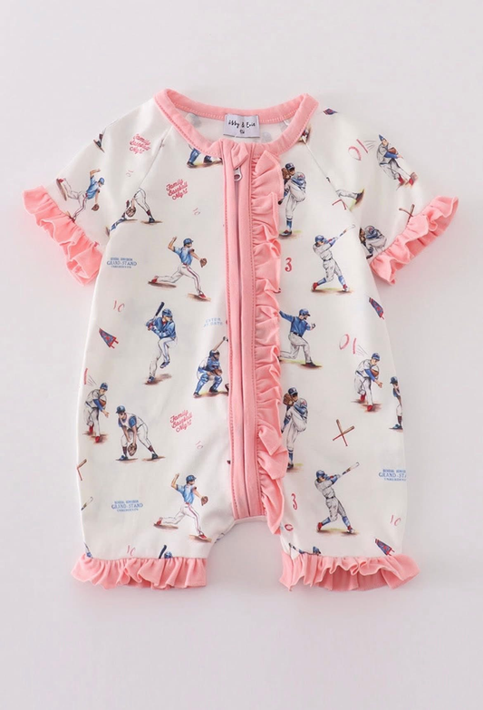 (Custom Design Preorder MOQ 5) Baseball Print Baby Girls Summer Zipper Sleeper Romper