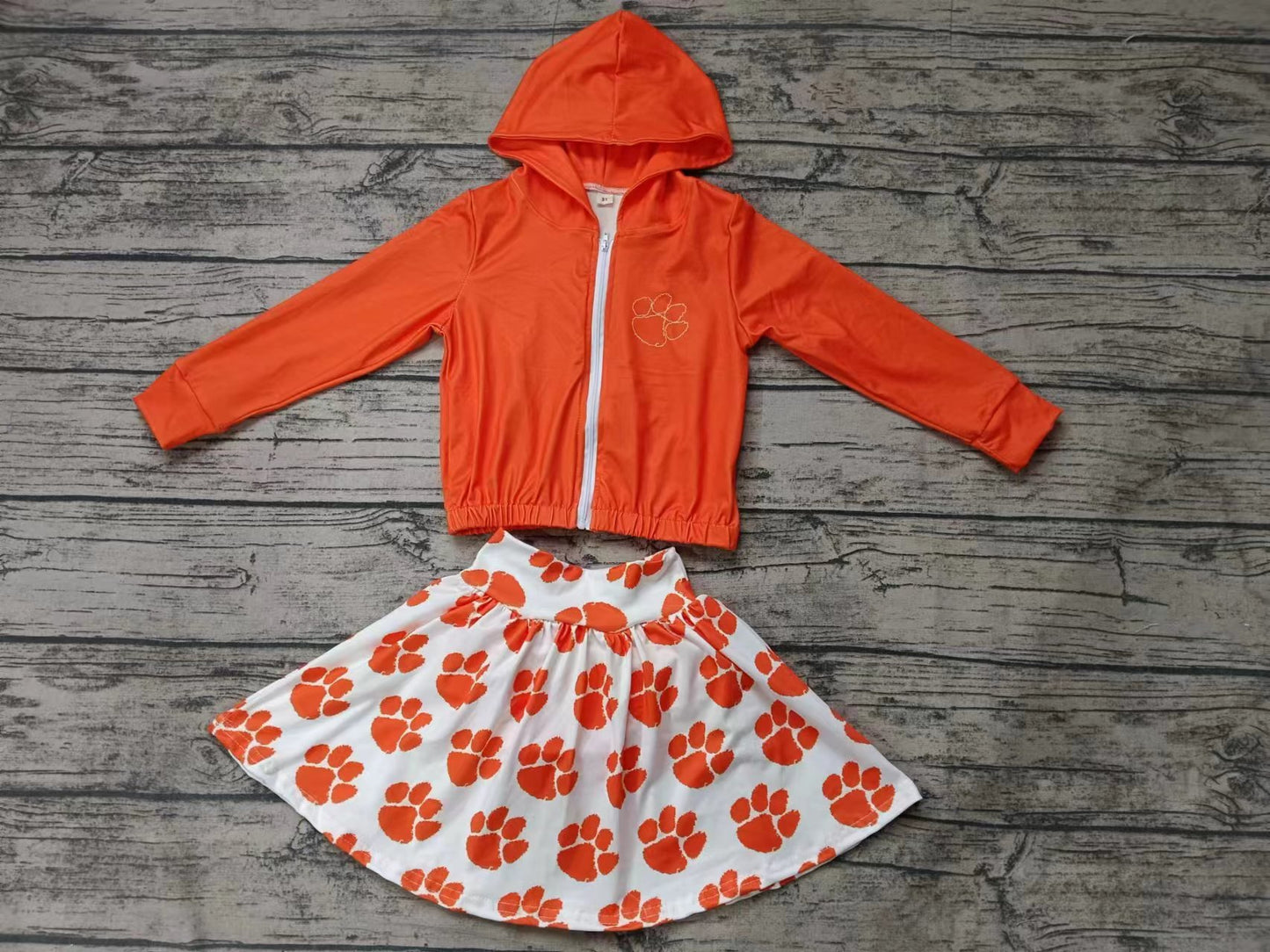 (Custom Design Preorder MOQ 3) Team's CLEMSON TIGERS Paw Orange Print Skirts With Shorts Girls Clothes Sets