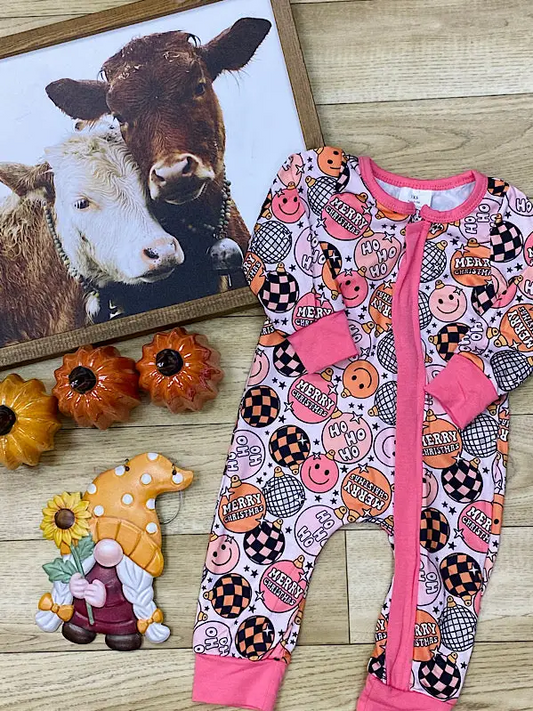 (Custom Design Preorder MOQ 5) HOHOHO Holiday Light Print Baby Girls Christmas Sleeper Zipper Romper