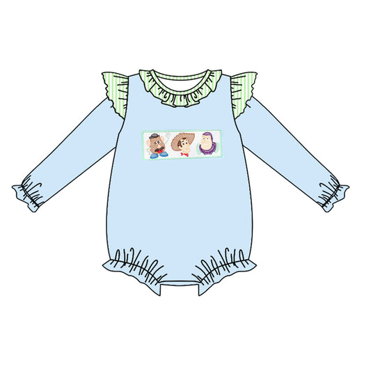 (Custom Design Preorder MOQ 5) Cartoon Toys Blue Print Baby Girls Fall Romper