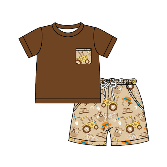 (Custom Design Preorder MOQ 5) Brown Pocket Top Farm Shorts Boys Summer Clothes Set