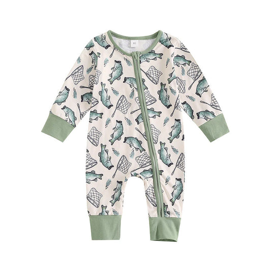 (Custom Design Preorder MOQ 5)  Fishing Green Print Baby Boys Bamboo Sleeper Zipper Romper