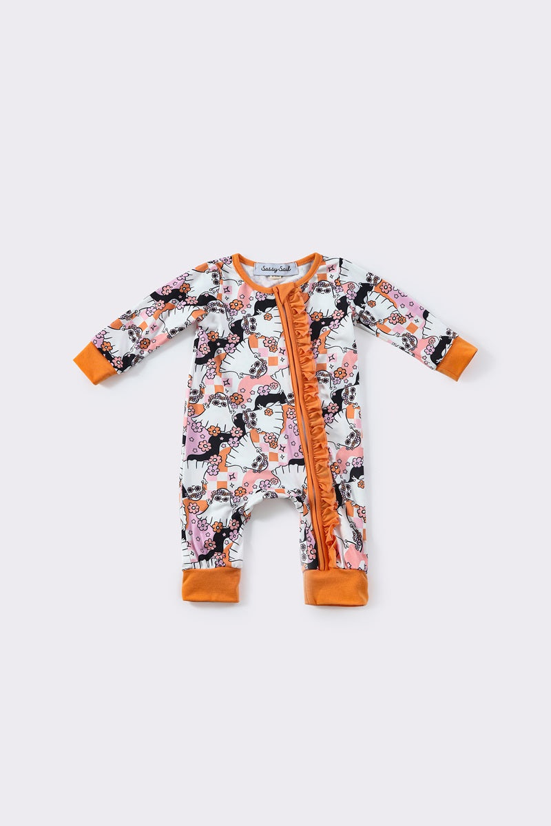 (Custom Design Preorder MOQ 5)  Ghost Flowers Print Baby Girls Halloween Bamboo Sleeper Zipper Romper