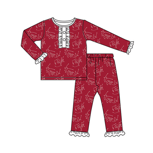 (Custom Design Preorder MOQ 5) Red Color Girls Fall Bamboo Pajamas Clothes Set